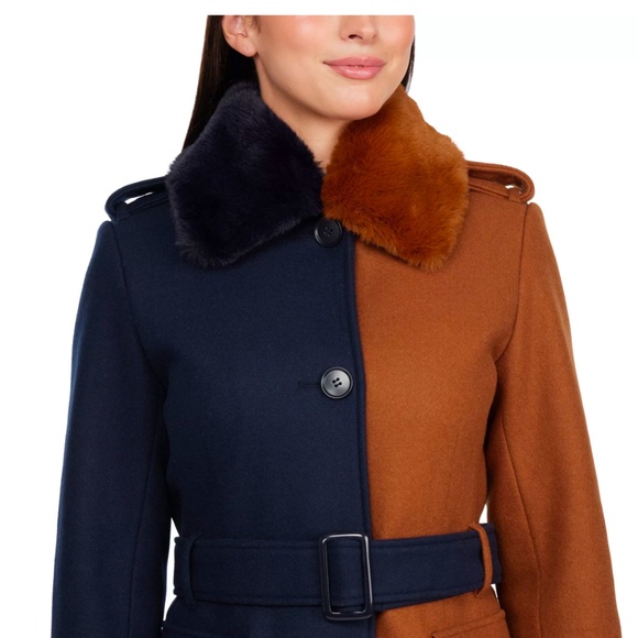 Brand new! Badgley Mischka Terry color blocking Cognac/Navy long coat. Size-M. - Picture 4 of 16